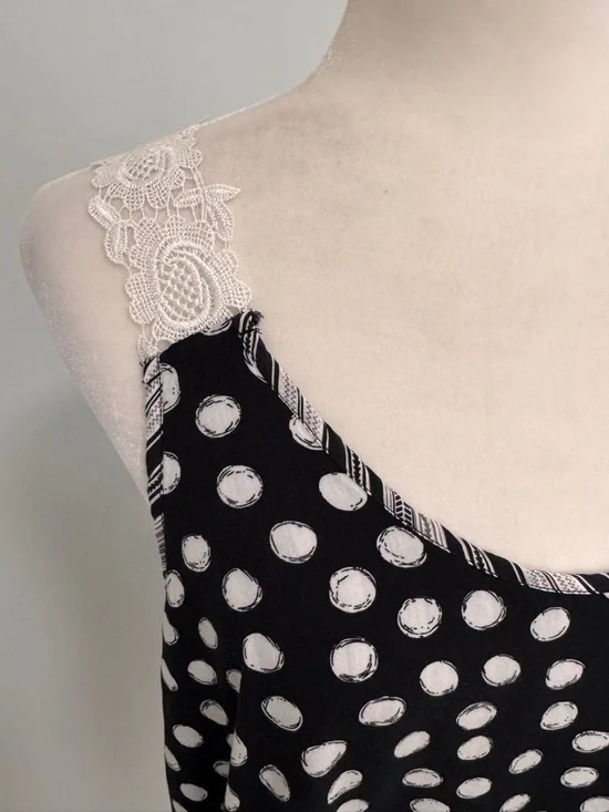 Tank Top Polka Dot & Vertical Stripe Lace-Trim Straps - Black/White Relaxed Fit - Picture 4 of 14